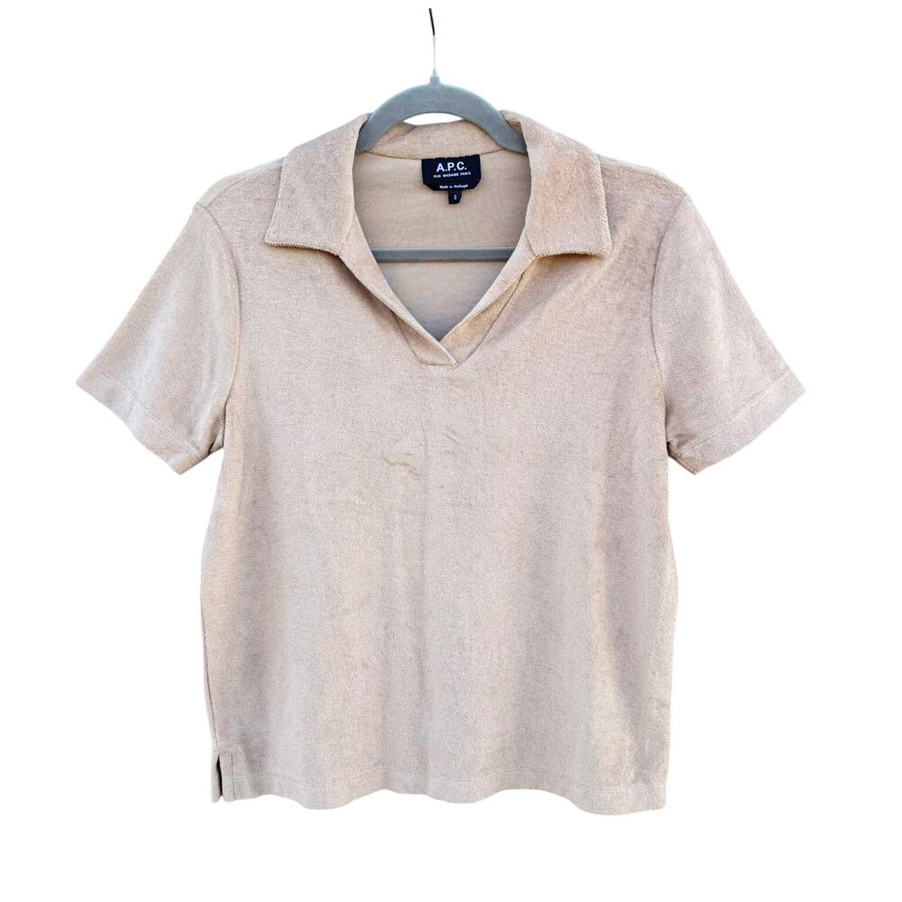 A.P.C. Terry Cloth Collared Top Blouse Tan Small S